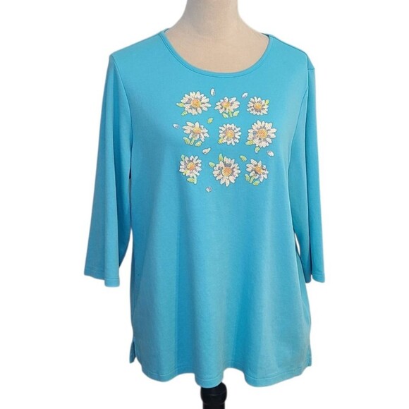 Quacker Factory Size L Blue Tic Tac Toe Sequin Daisy Embellished 3/4 Sleeve Top - Picture 1 of 12